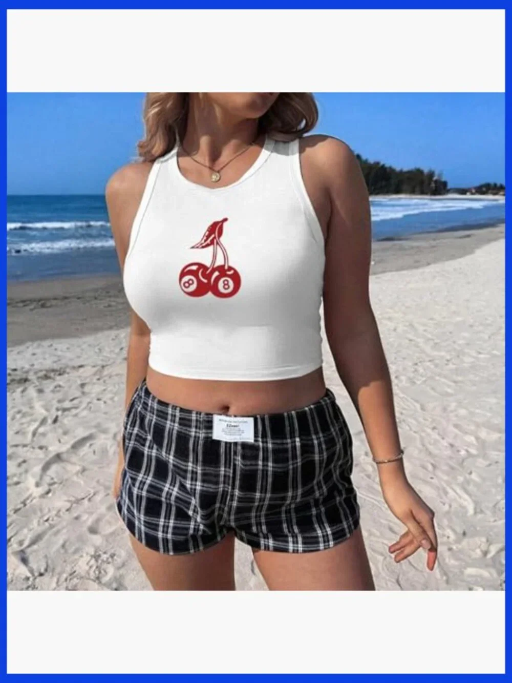 Cherry 8-Ball Graphic Ribbed Cropped Tank Top, Sleeveless Y2K Summer Tee - Picture 5 of 7